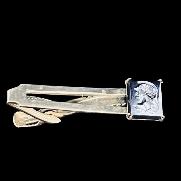 Silver Tone & Intaglio Cut Hematite Ancient Warriors Cufflinks And Tie Bar (5024 - Picture 4 of 6